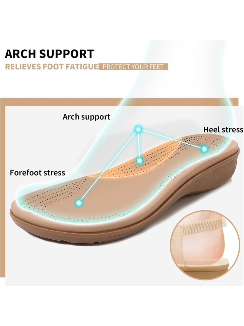 Women's Arch Support Flip Flops Classic Apricot Shoes Ankle Strap Flat Sandals - Picture 3 of 6